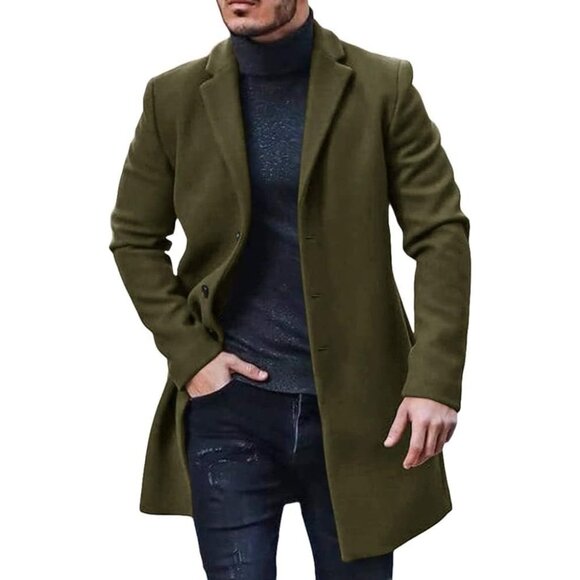 Men's Army-green Trench Coat Winter Single Breasted Pea Coat Warm Soft Overcoat